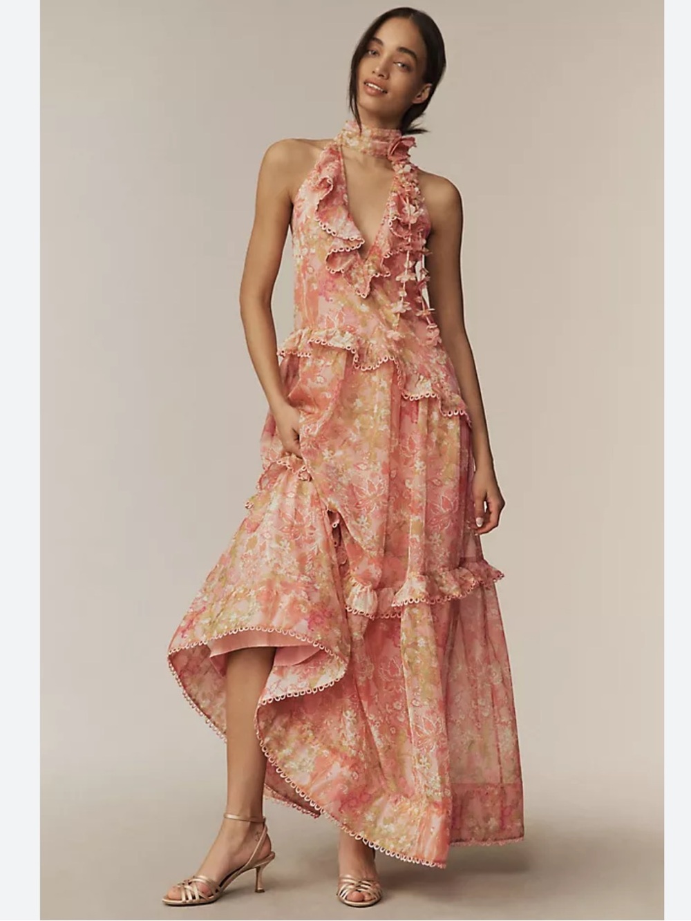 BHLDN Landon Organza 3D Floral Pink Ruffle Halter Maxi Dress